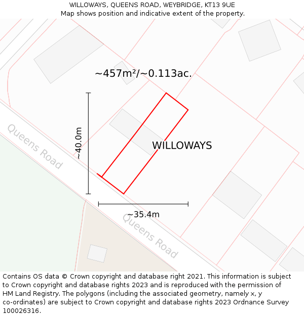 WILLOWAYS, QUEENS ROAD, WEYBRIDGE, KT13 9UE: Plot and title map