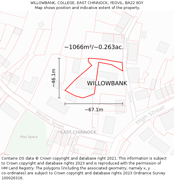 WILLOWBANK, COLLEGE, EAST CHINNOCK, YEOVIL, BA22 9DY: Plot and title map