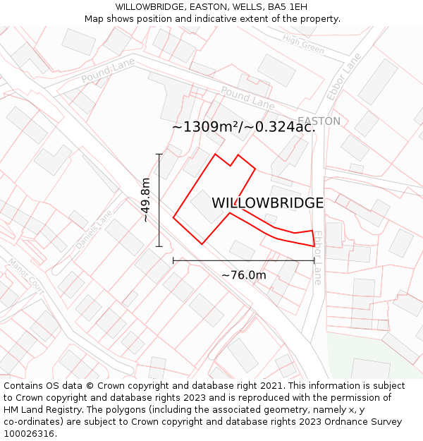 WILLOWBRIDGE, EASTON, WELLS, BA5 1EH: Plot and title map