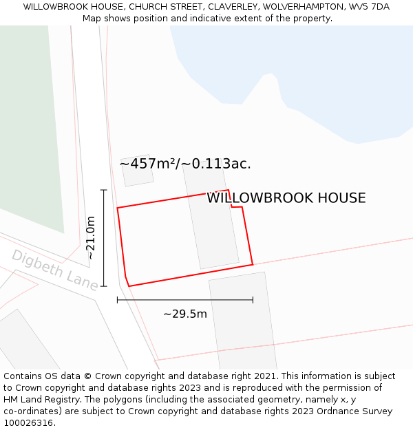 WILLOWBROOK HOUSE, CHURCH STREET, CLAVERLEY, WOLVERHAMPTON, WV5 7DA: Plot and title map
