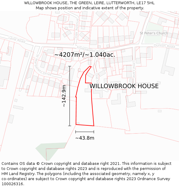 WILLOWBROOK HOUSE, THE GREEN, LEIRE, LUTTERWORTH, LE17 5HL: Plot and title map