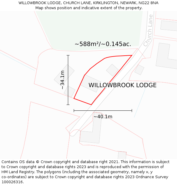 WILLOWBROOK LODGE, CHURCH LANE, KIRKLINGTON, NEWARK, NG22 8NA: Plot and title map