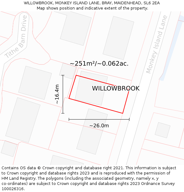 WILLOWBROOK, MONKEY ISLAND LANE, BRAY, MAIDENHEAD, SL6 2EA: Plot and title map
