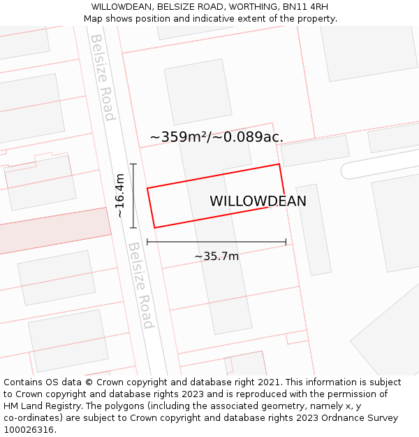 WILLOWDEAN, BELSIZE ROAD, WORTHING, BN11 4RH: Plot and title map