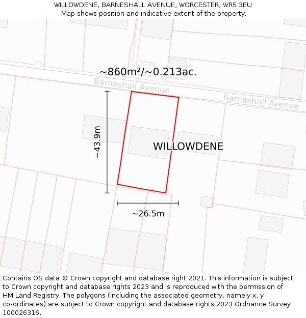 WILLOWDENE, BARNESHALL AVENUE, WORCESTER, WR5 3EU: Plot and title map