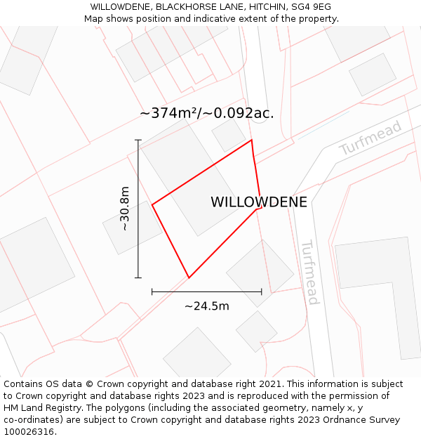 WILLOWDENE, BLACKHORSE LANE, HITCHIN, SG4 9EG: Plot and title map