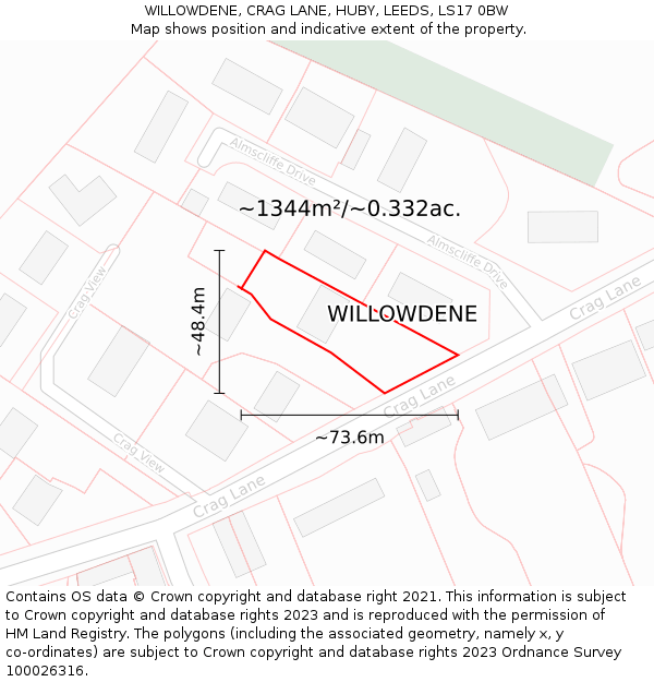 WILLOWDENE, CRAG LANE, HUBY, LEEDS, LS17 0BW: Plot and title map