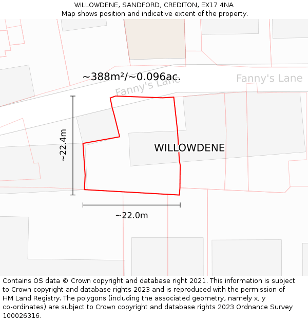 WILLOWDENE, SANDFORD, CREDITON, EX17 4NA: Plot and title map