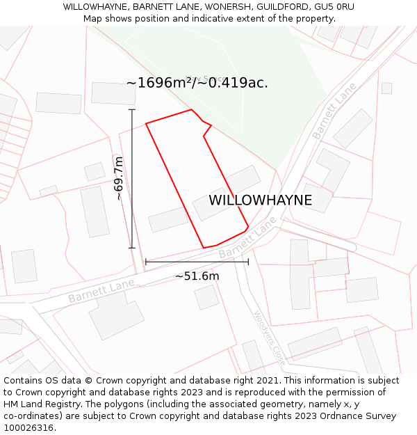 WILLOWHAYNE, BARNETT LANE, WONERSH, GUILDFORD, GU5 0RU: Plot and title map