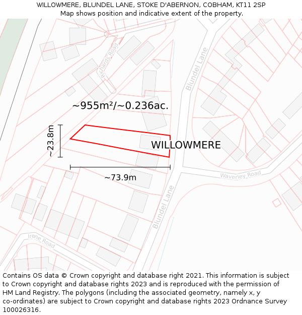 WILLOWMERE, BLUNDEL LANE, STOKE D'ABERNON, COBHAM, KT11 2SP: Plot and title map