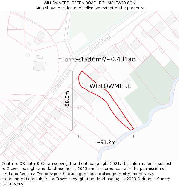 WILLOWMERE, GREEN ROAD, EGHAM, TW20 8QN: Plot and title map