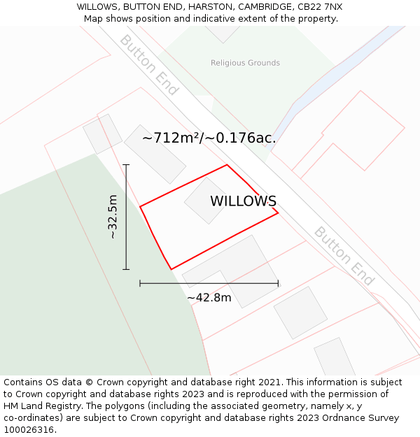 WILLOWS, BUTTON END, HARSTON, CAMBRIDGE, CB22 7NX: Plot and title map
