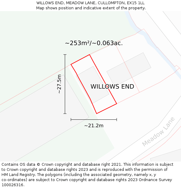 WILLOWS END, MEADOW LANE, CULLOMPTON, EX15 1LL: Plot and title map