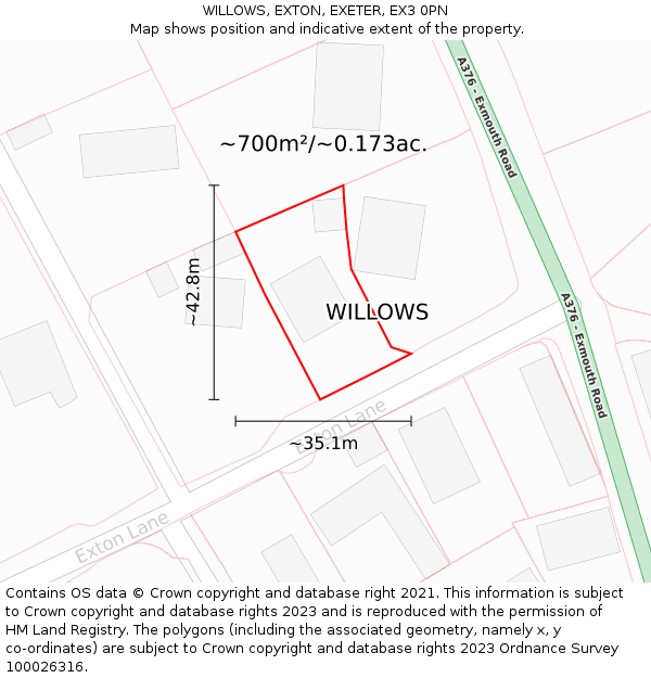 WILLOWS, EXTON, EXETER, EX3 0PN: Plot and title map