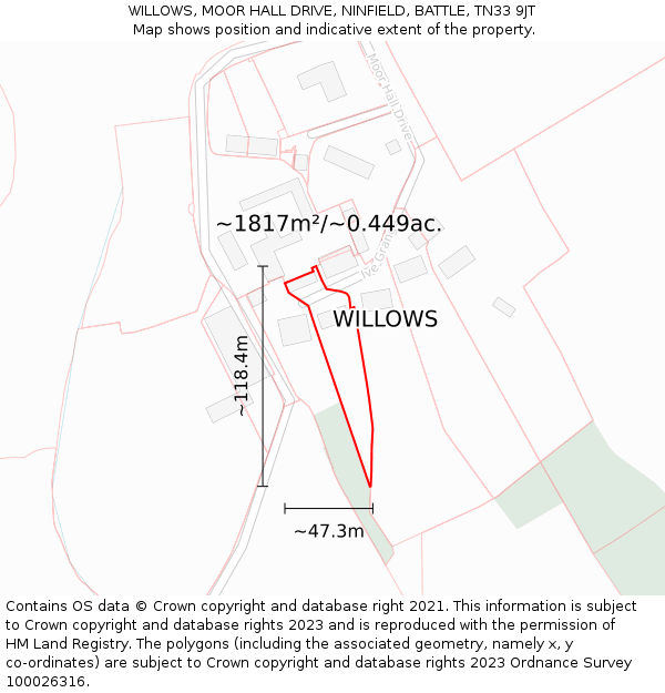 WILLOWS, MOOR HALL DRIVE, NINFIELD, BATTLE, TN33 9JT: Plot and title map