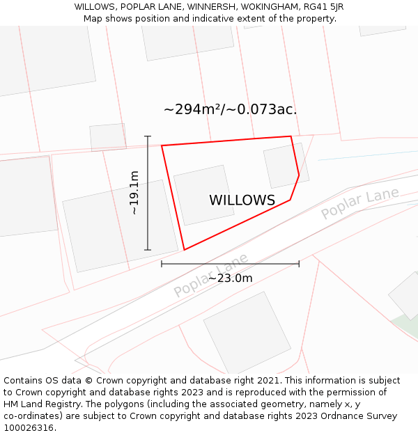 WILLOWS, POPLAR LANE, WINNERSH, WOKINGHAM, RG41 5JR: Plot and title map