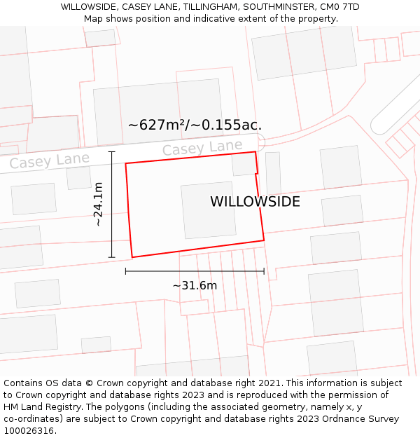 WILLOWSIDE, CASEY LANE, TILLINGHAM, SOUTHMINSTER, CM0 7TD: Plot and title map
