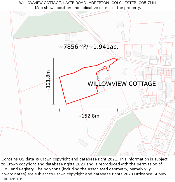 WILLOWVIEW COTTAGE, LAYER ROAD, ABBERTON, COLCHESTER, CO5 7NH: Plot and title map