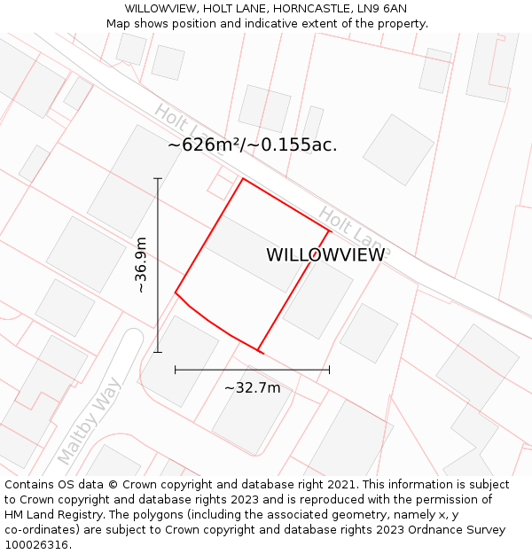 WILLOWVIEW, HOLT LANE, HORNCASTLE, LN9 6AN: Plot and title map