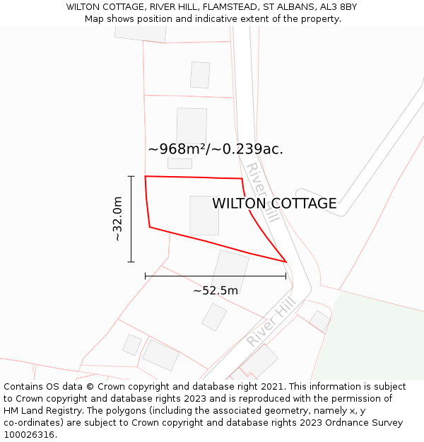 WILTON COTTAGE, RIVER HILL, FLAMSTEAD, ST ALBANS, AL3 8BY: Plot and title map