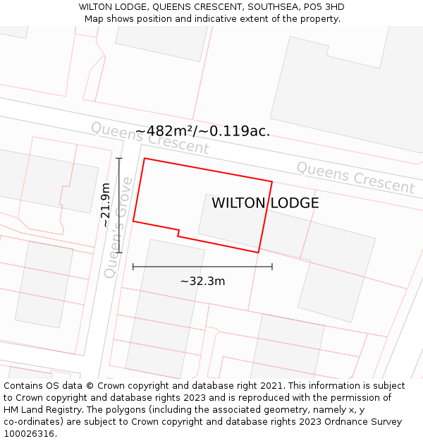 WILTON LODGE, QUEENS CRESCENT, SOUTHSEA, PO5 3HD: Plot and title map