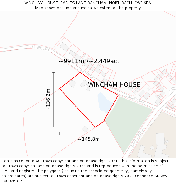 WINCHAM HOUSE, EARLES LANE, WINCHAM, NORTHWICH, CW9 6EA: Plot and title map