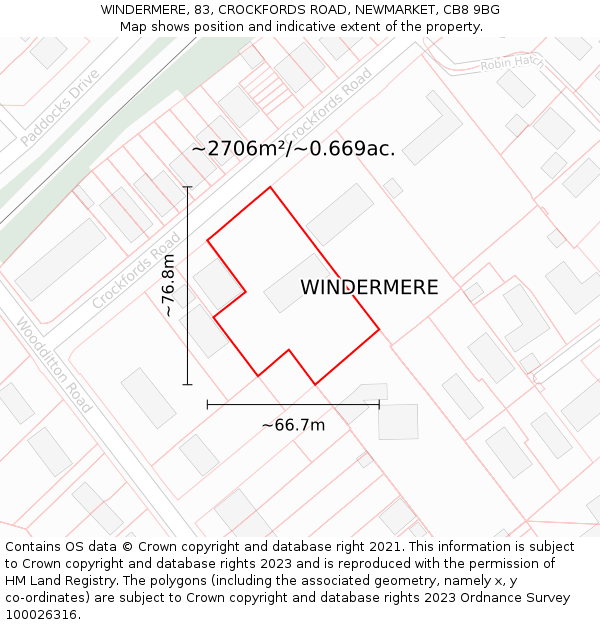 WINDERMERE, 83, CROCKFORDS ROAD, NEWMARKET, CB8 9BG: Plot and title map