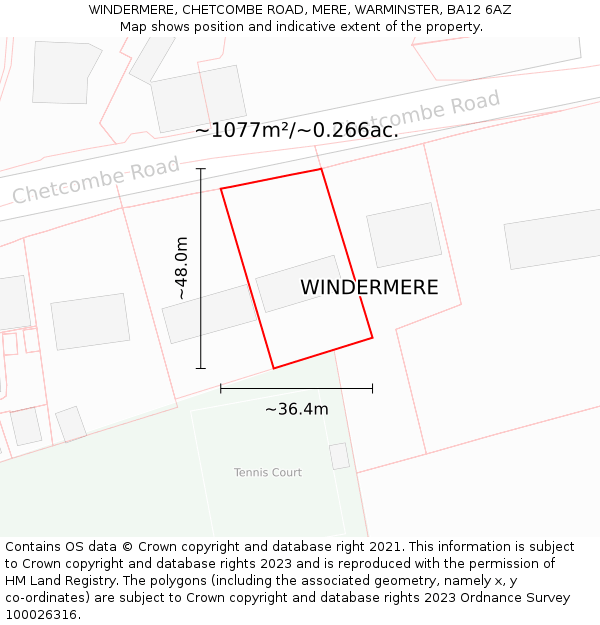 WINDERMERE, CHETCOMBE ROAD, MERE, WARMINSTER, BA12 6AZ: Plot and title map