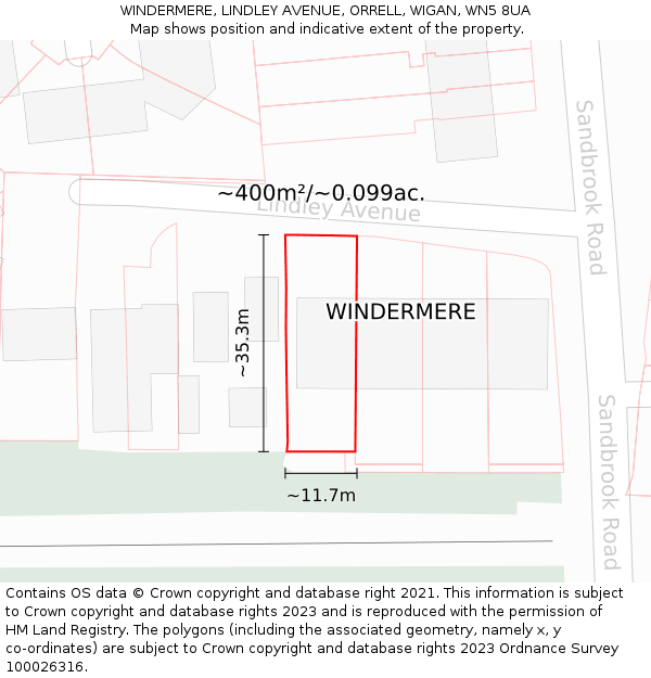 WINDERMERE, LINDLEY AVENUE, ORRELL, WIGAN, WN5 8UA: Plot and title map