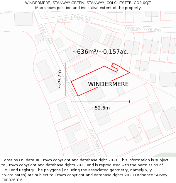 WINDERMERE, STANWAY GREEN, STANWAY, COLCHESTER, CO3 0QZ: Plot and title map