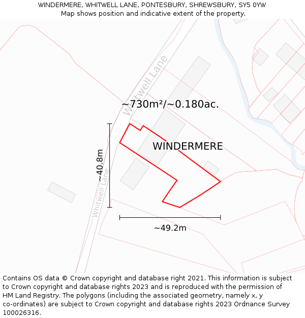 WINDERMERE, WHITWELL LANE, PONTESBURY, SHREWSBURY, SY5 0YW: Plot and title map