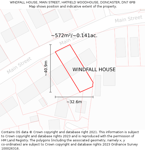 WINDFALL HOUSE, MAIN STREET, HATFIELD WOODHOUSE, DONCASTER, DN7 6PB: Plot and title map