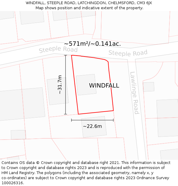 WINDFALL, STEEPLE ROAD, LATCHINGDON, CHELMSFORD, CM3 6JX: Plot and title map