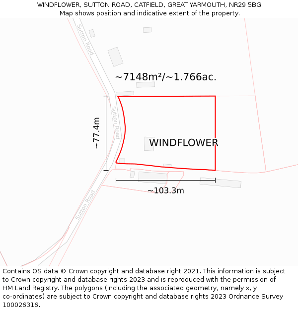 WINDFLOWER, SUTTON ROAD, CATFIELD, GREAT YARMOUTH, NR29 5BG: Plot and title map