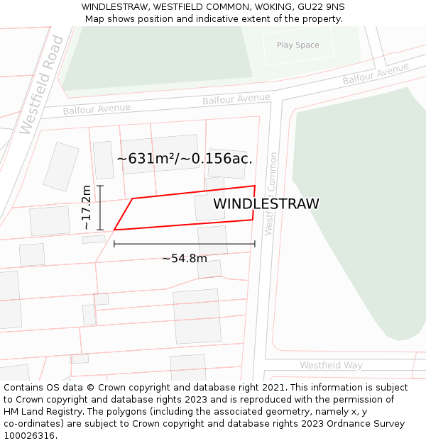 WINDLESTRAW, WESTFIELD COMMON, WOKING, GU22 9NS: Plot and title map
