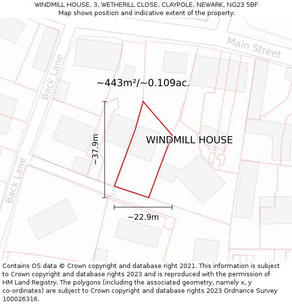 WINDMILL HOUSE, 3, WETHERILL CLOSE, CLAYPOLE, NEWARK, NG23 5BF: Plot and title map