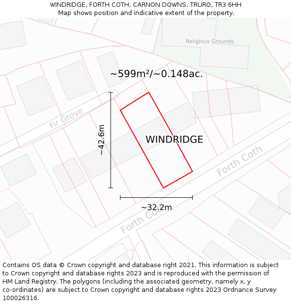 WINDRIDGE, FORTH COTH, CARNON DOWNS, TRURO, TR3 6HH: Plot and title map