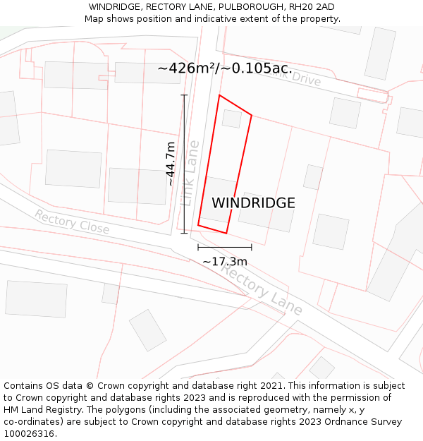 WINDRIDGE, RECTORY LANE, PULBOROUGH, RH20 2AD: Plot and title map