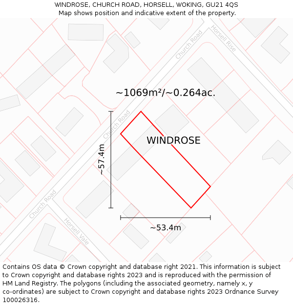 WINDROSE, CHURCH ROAD, HORSELL, WOKING, GU21 4QS: Plot and title map