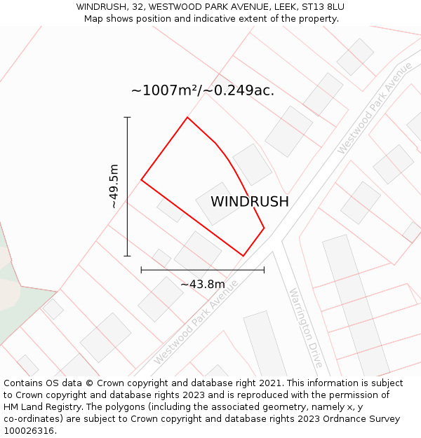 WINDRUSH, 32, WESTWOOD PARK AVENUE, LEEK, ST13 8LU: Plot and title map