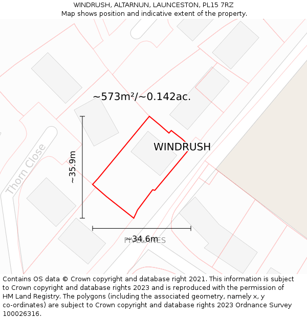 WINDRUSH, ALTARNUN, LAUNCESTON, PL15 7RZ: Plot and title map
