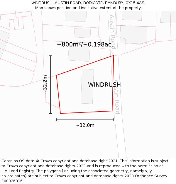 WINDRUSH, AUSTIN ROAD, BODICOTE, BANBURY, OX15 4AS: Plot and title map