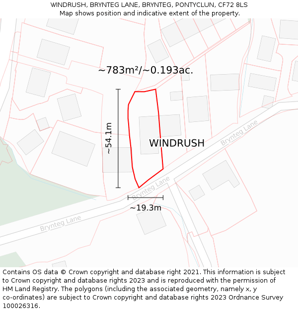 WINDRUSH, BRYNTEG LANE, BRYNTEG, PONTYCLUN, CF72 8LS: Plot and title map