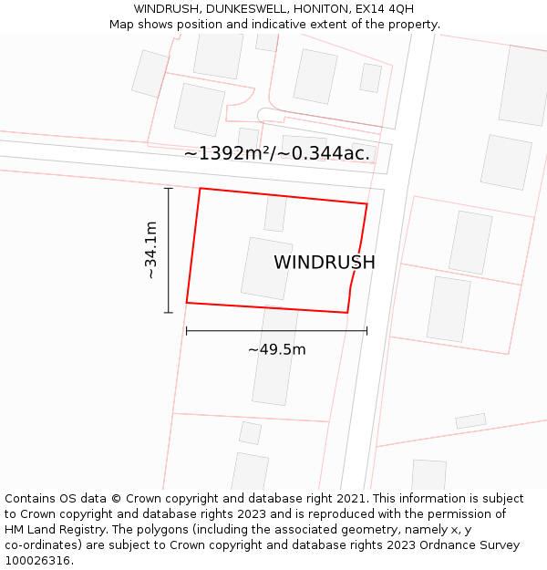 WINDRUSH, DUNKESWELL, HONITON, EX14 4QH: Plot and title map