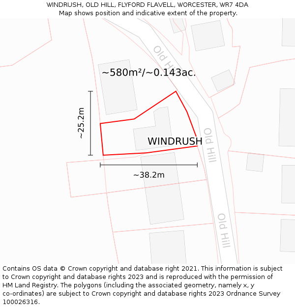 WINDRUSH, OLD HILL, FLYFORD FLAVELL, WORCESTER, WR7 4DA: Plot and title map