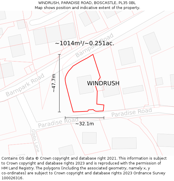 WINDRUSH, PARADISE ROAD, BOSCASTLE, PL35 0BL: Plot and title map