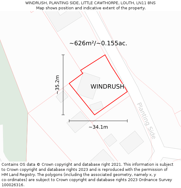 WINDRUSH, PLANTING SIDE, LITTLE CAWTHORPE, LOUTH, LN11 8NS: Plot and title map