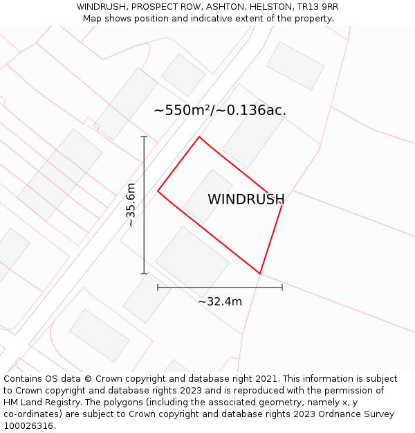 WINDRUSH, PROSPECT ROW, ASHTON, HELSTON, TR13 9RR: Plot and title map