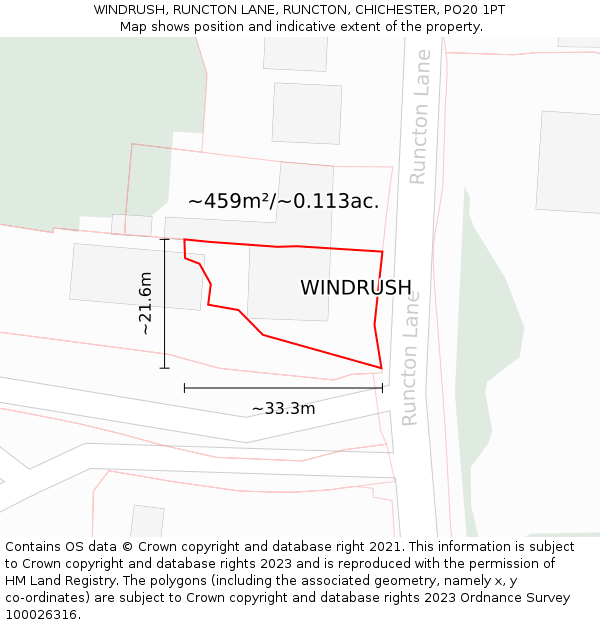 WINDRUSH, RUNCTON LANE, RUNCTON, CHICHESTER, PO20 1PT: Plot and title map