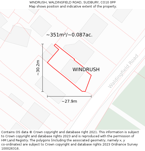WINDRUSH, WALDINGFIELD ROAD, SUDBURY, CO10 0PP: Plot and title map